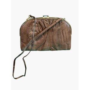 Vintage Brown Leather Snakeskin Crossbody Purse With Gold-Tone Metal Clasp & Adj